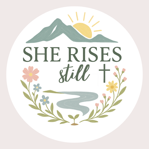 She Rises Still logo — cross with floral wreath